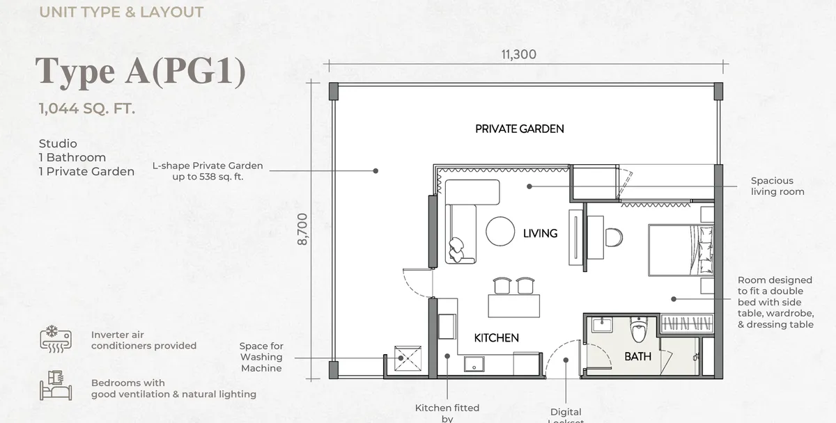 Crown Penang Type A(PG1) floor plan — 1,044 sq ft studio with an L-shaped private garden, Tanjung Tokong, Penang