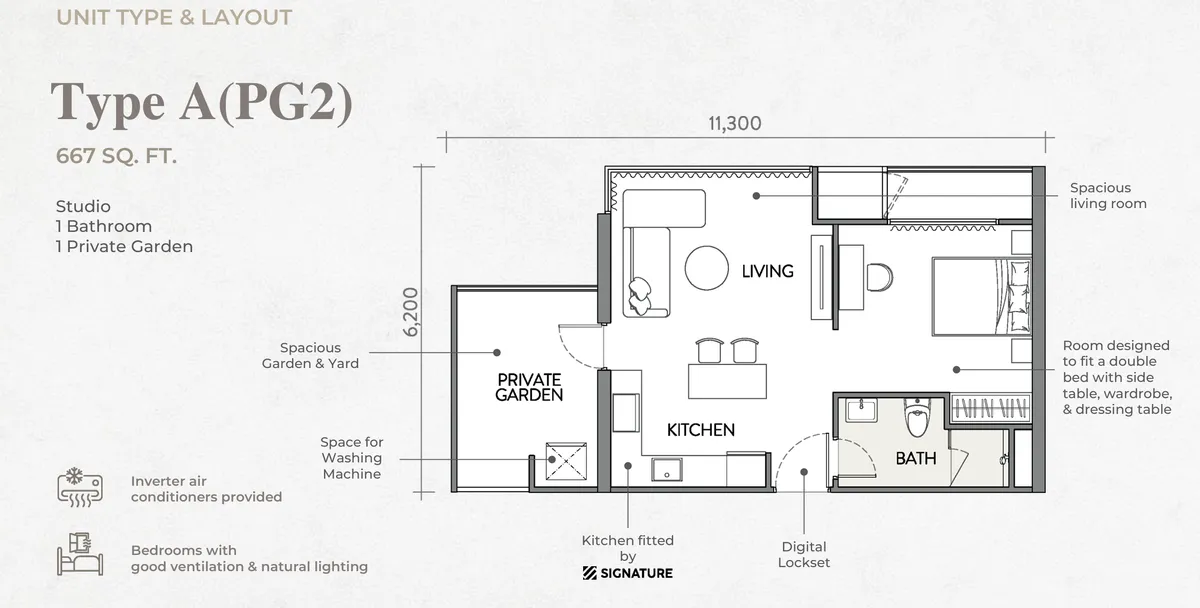 Crown Penang Type A(PG2) floor plan — 667 sq ft studio with a small garden and yard, Tanjung Tokong, Penang
