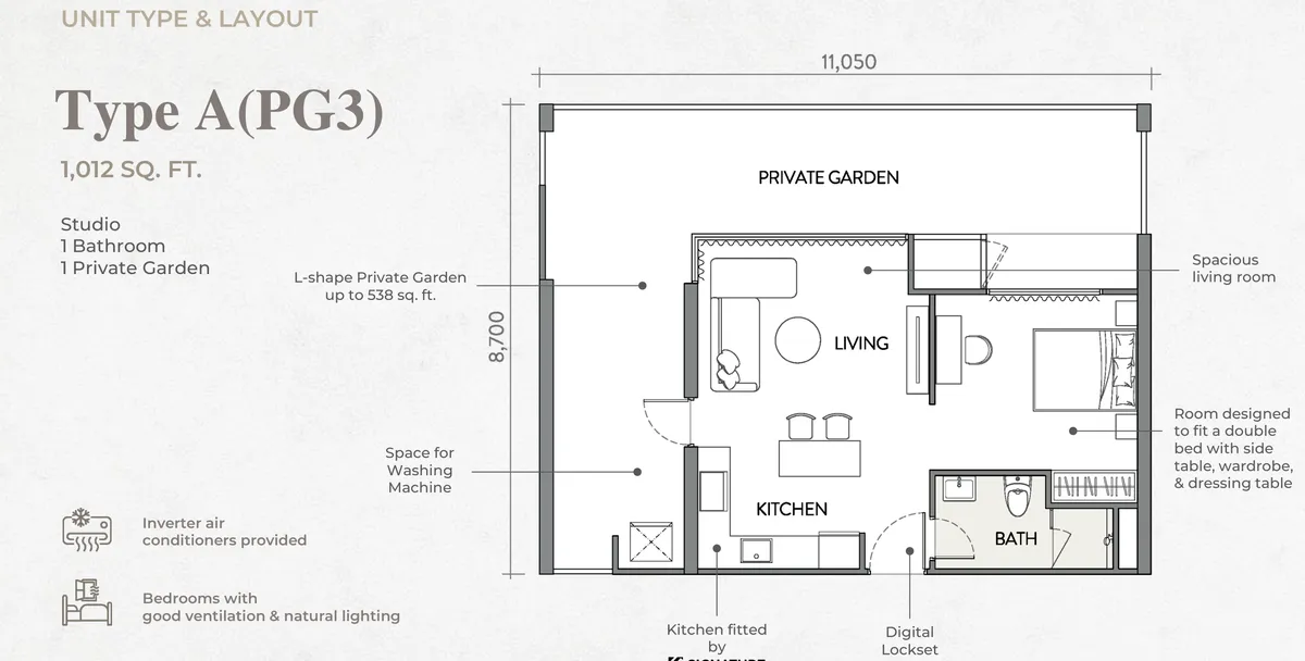 Crown Penang Type A(PG3) floor plan — 1,012 sq ft studio with an L-shaped private garden, Tanjung Tokong, Penang