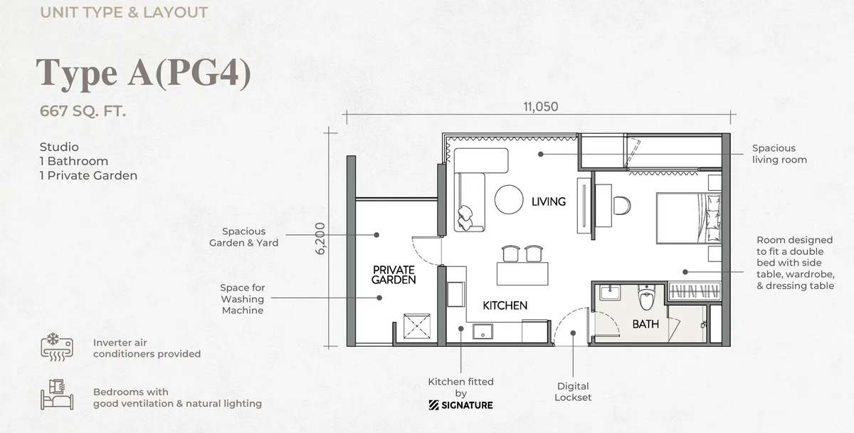 Crown Penang Type A(PG4) floor plan — 667 sq ft studio with a small garden, mirror layout, Tanjung Tokong, Penang