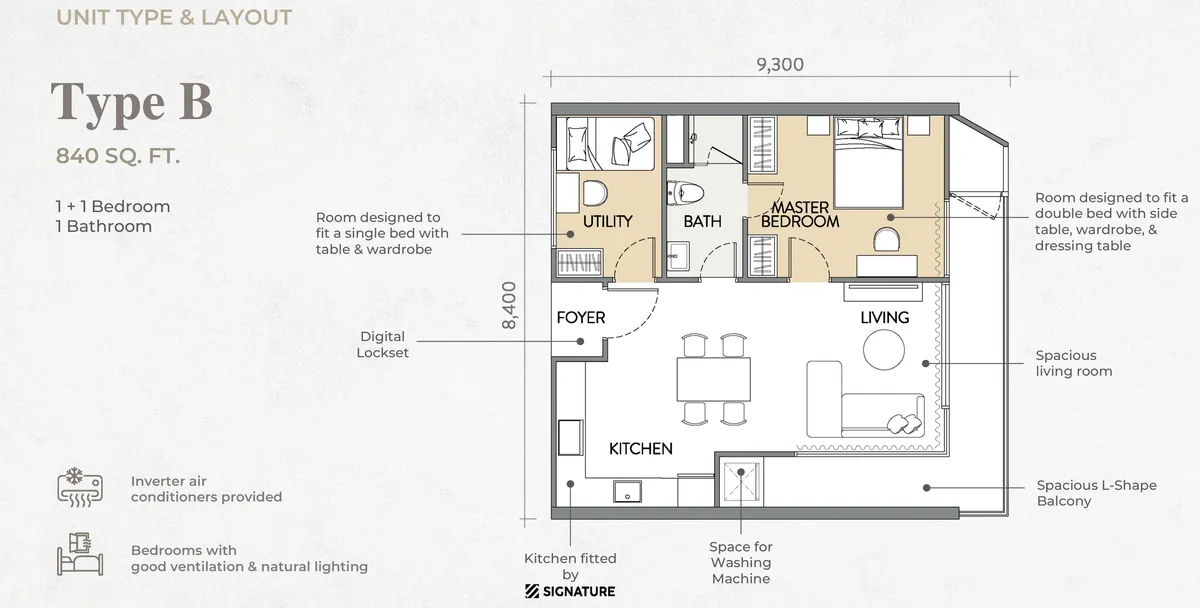 Crown Penang Type B floor plan — 840 sq ft one-plus-one bedroom with L-shaped balcony, Tanjung Tokong, Penang