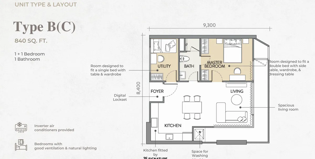 Crown Penang Type B(C) floor plan — 840 sq ft one-plus-one bedroom corner unit, Tanjung Tokong, Penang