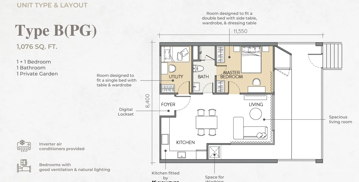 Crown Penang Type B(PG) floor plan — 1,076 sq ft one-plus-one bedroom with private garden, Tanjung Tokong, Penang