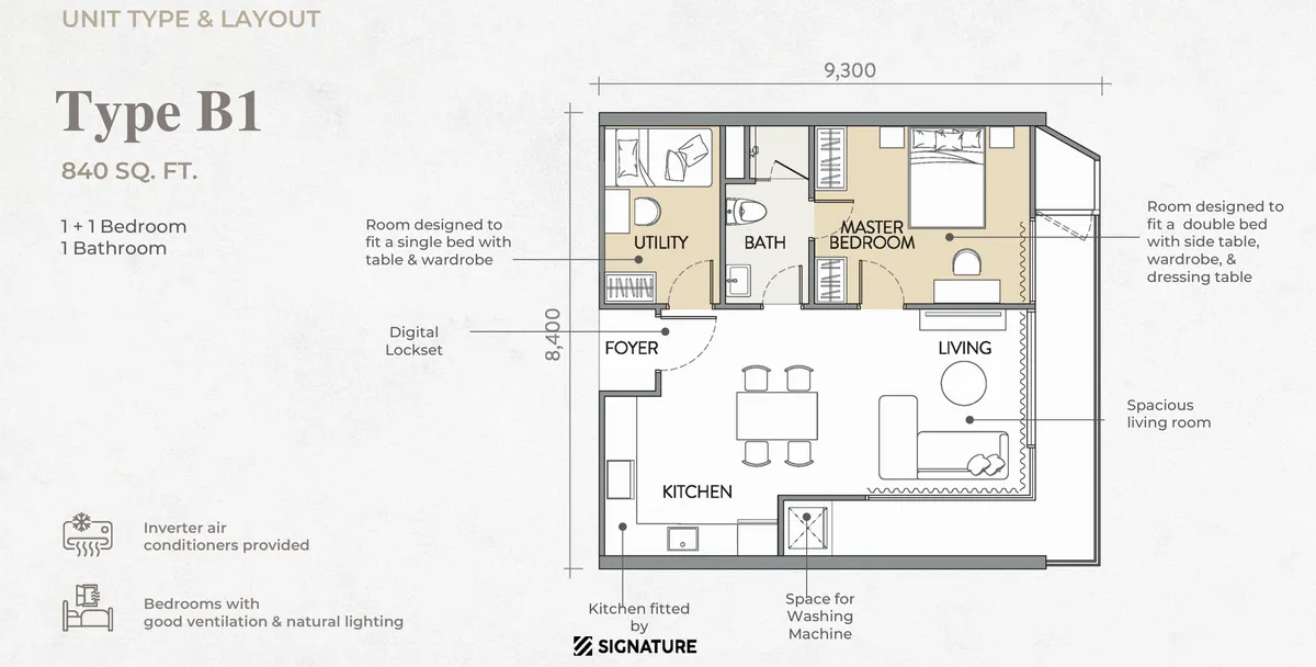 Crown Penang Type B1 floor plan — 840 sq ft one-plus-one bedroom, Tanjung Tokong, Penang