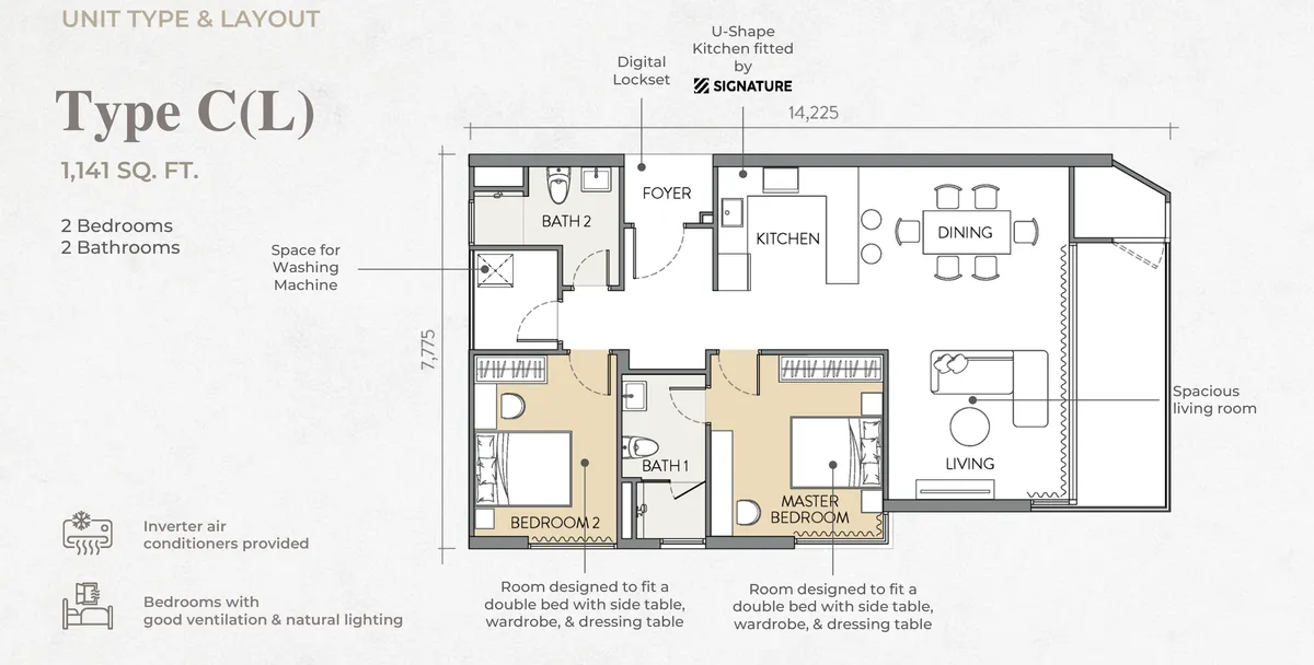 Crown Penang Type C(L) floor plan — 1,141 sq ft two-bedroom, left-hand corner, Tanjung Tokong, Penang