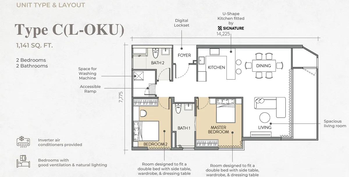 Crown Penang Type C(L-OKU) floor plan — 1,141 sq ft accessible two-bedroom with ramp, Tanjung Tokong, Penang