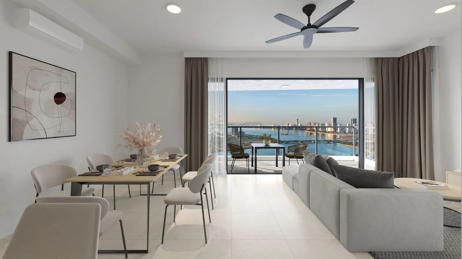Crown Penang two-bedroom living and dining area with a balcony toward the sea, Tanjung Tokong — artist's impression