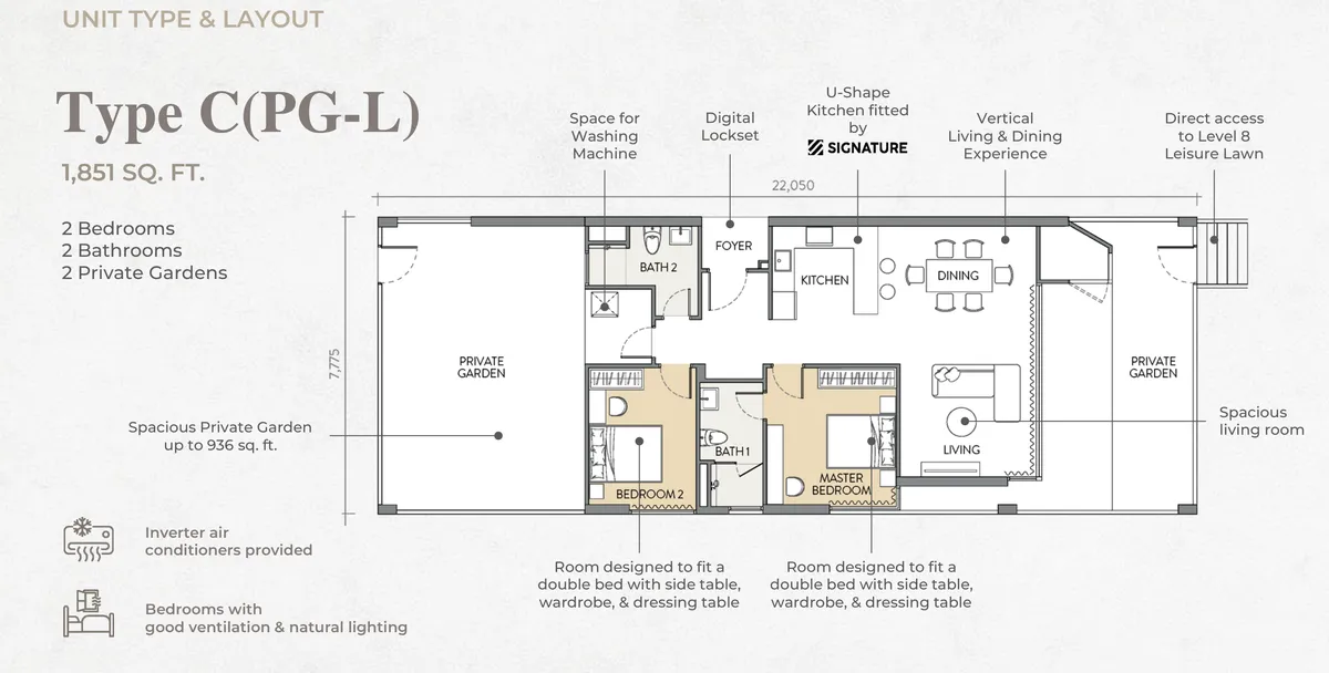 Crown Penang Type C(PG-L) floor plan — 1,851 sq ft two-bedroom with two private gardens, Tanjung Tokong, Penang