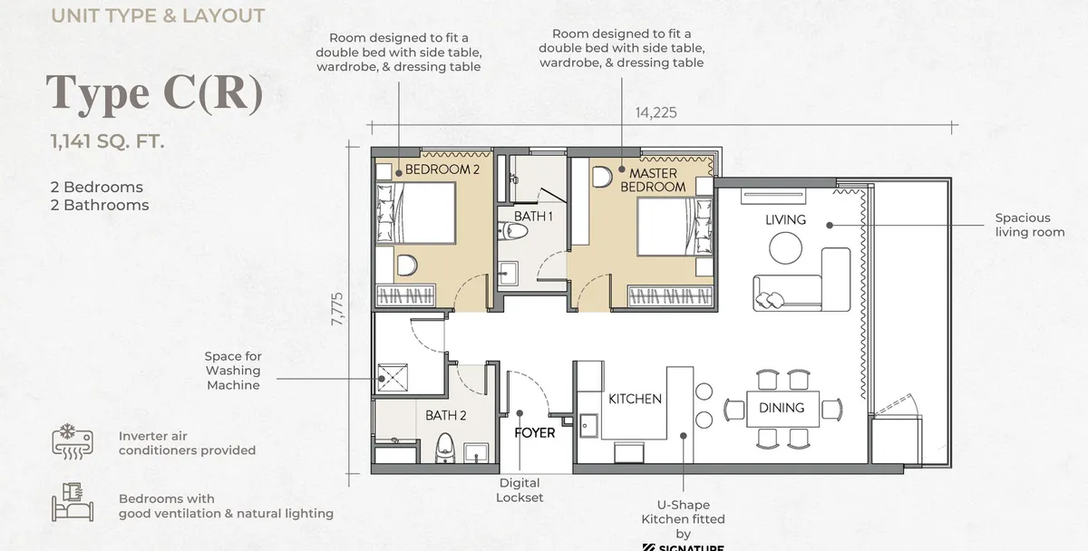 Crown Penang Type C(R) floor plan — 1,141 sq ft two-bedroom, right-hand end unit, Tanjung Tokong, Penang