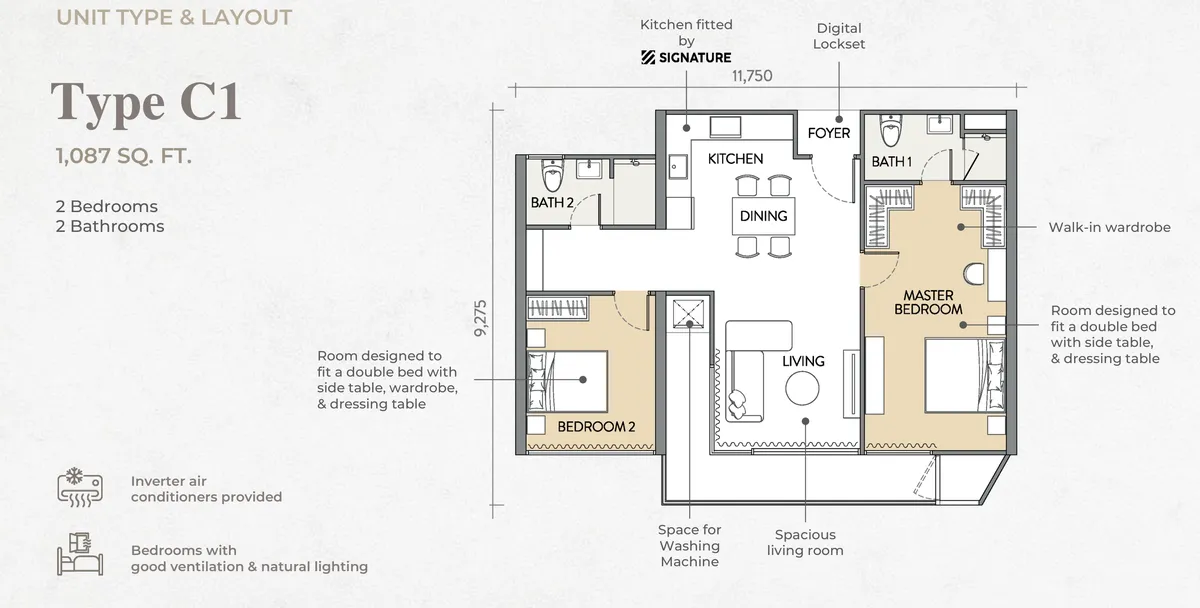 Crown Penang Type C1 floor plan — 1,087 sq ft two-bedroom with walk-in wardrobe, Tanjung Tokong, Penang
