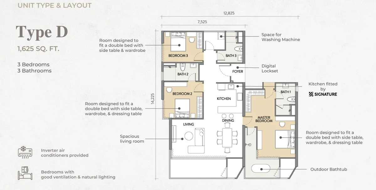Crown Penang Type D floor plan — 1,625 sq ft three-bedroom with outdoor bathtub, Tanjung Tokong, Penang