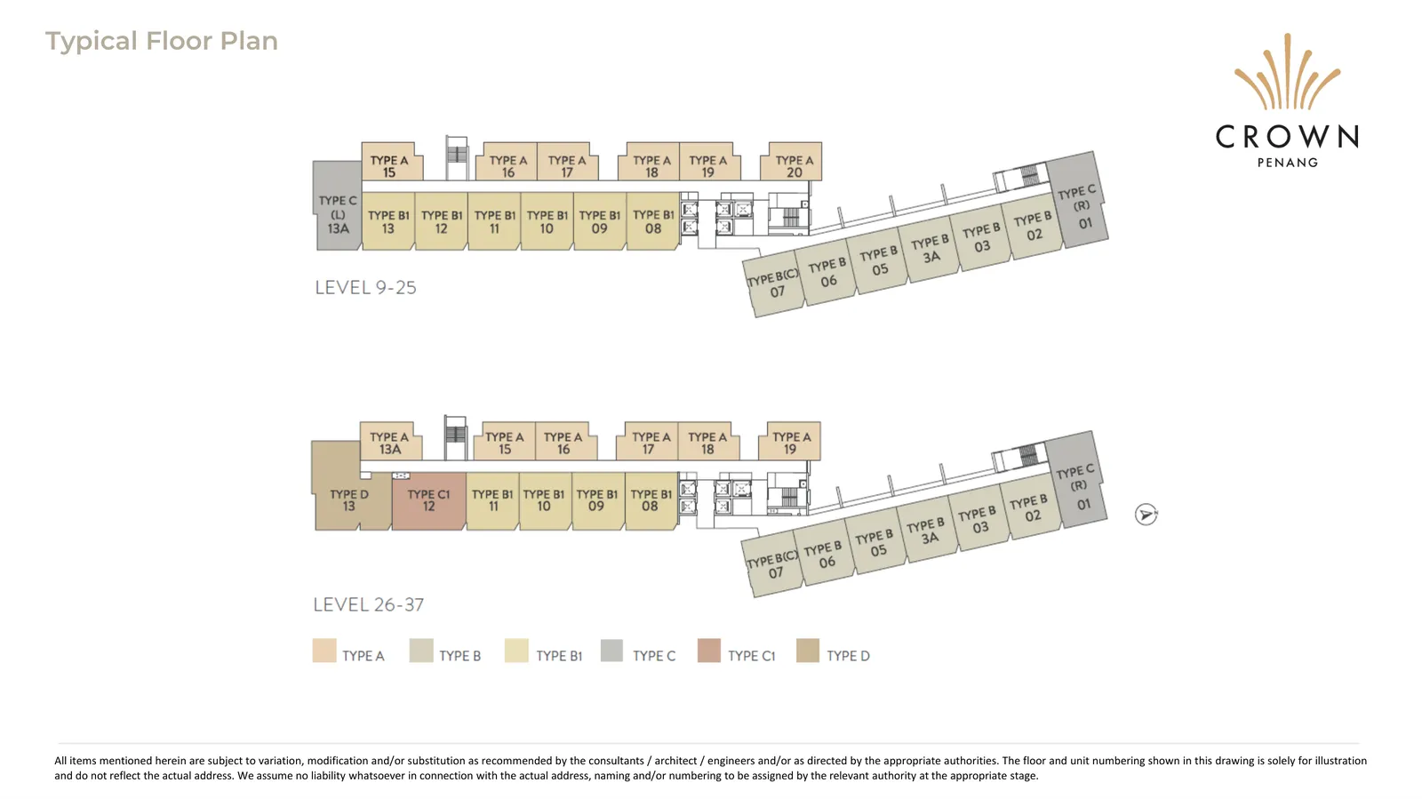 Crown Penang typical floor key plans for Levels 9–25 and Levels 26–37 with unit types marked
