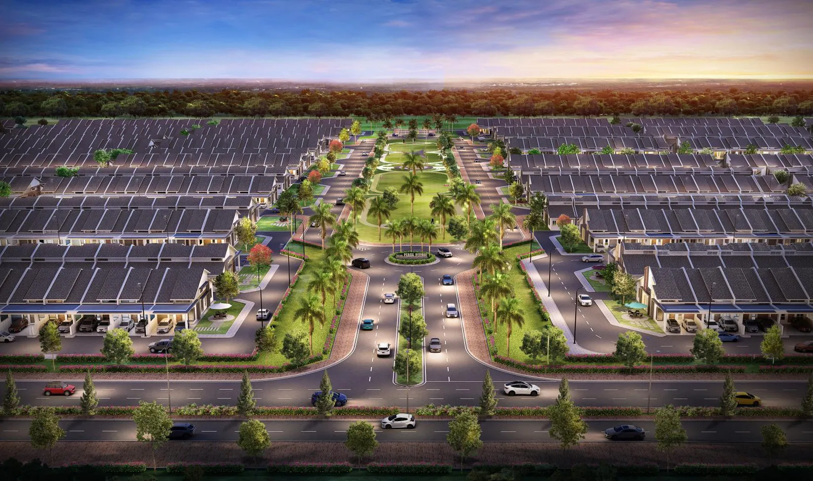D'Aleena entrance boulevard and single-storey terrace rows at dusk, Taman Perda Permai, Tasek Gelugor, Penang — artist's impression