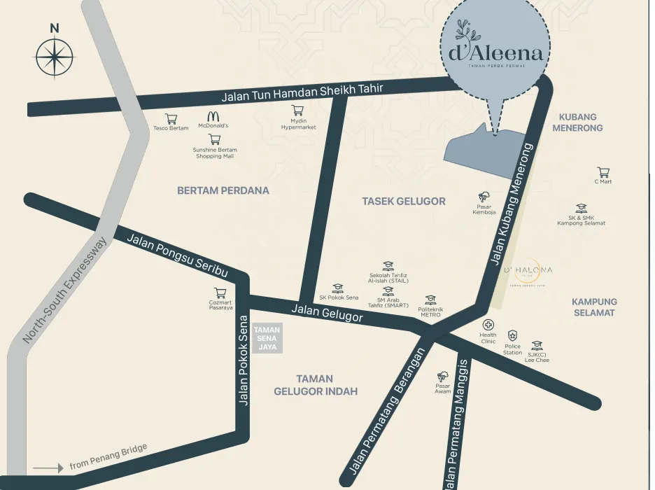D'Aleena location map on Jalan Kubang Menerong between Tasek Gelugor, Bertam Perdana and Kampung Selamat, Seberang Perai Utara