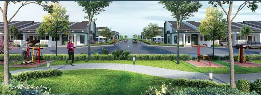 D'Aleena linear park with outdoor gym stations in front of the terrace houses, Tasek Gelugor, Penang — artist's impression