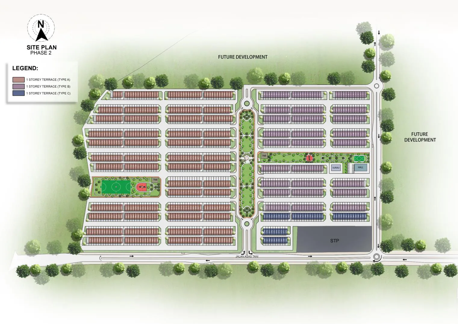 D'Aleena residential site plan showing Type A, B and C terrace rows, park and football field, Tasek Gelugor, Penang