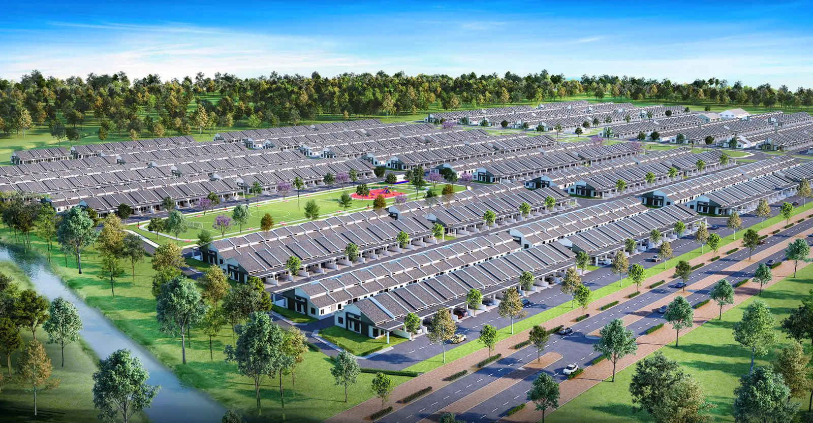 D'Aleena aerial view of the single-storey terrace rows and green spine, Tasek Gelugor, Penang — artist's impression