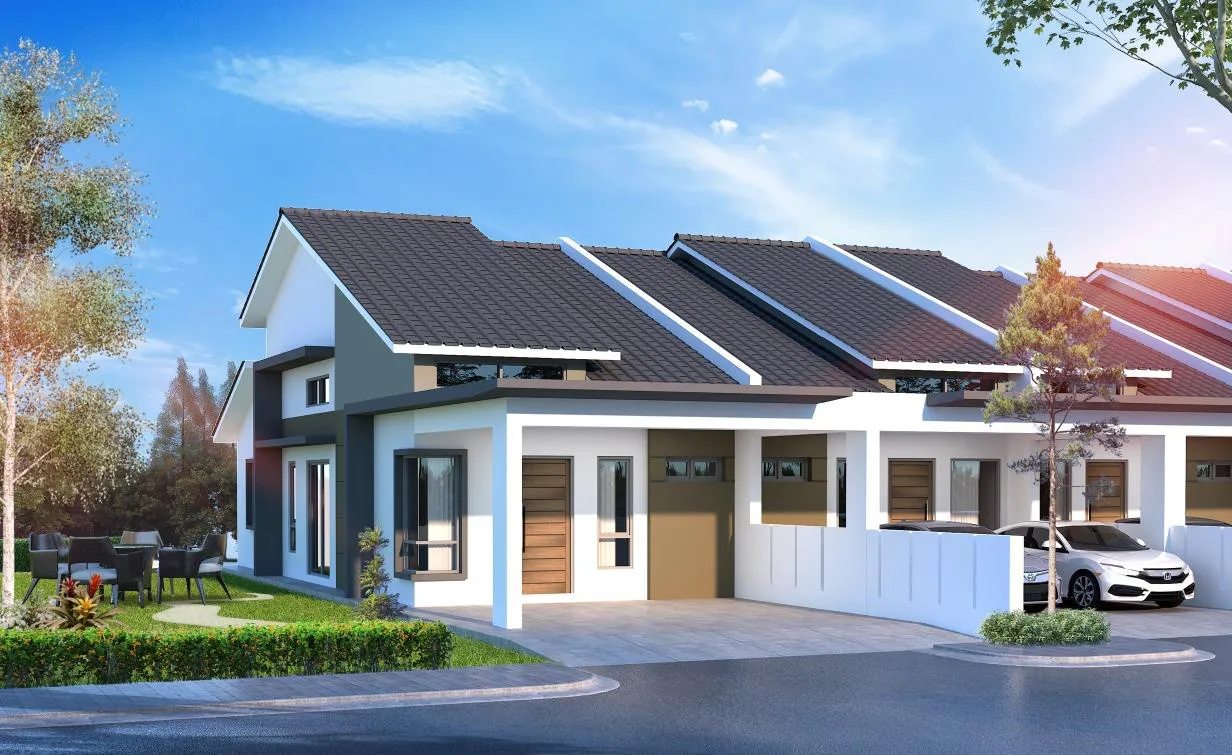 D'Aleena Type A single-storey terrace house facade with car porch, Tasek Gelugor, Penang — artist's impression