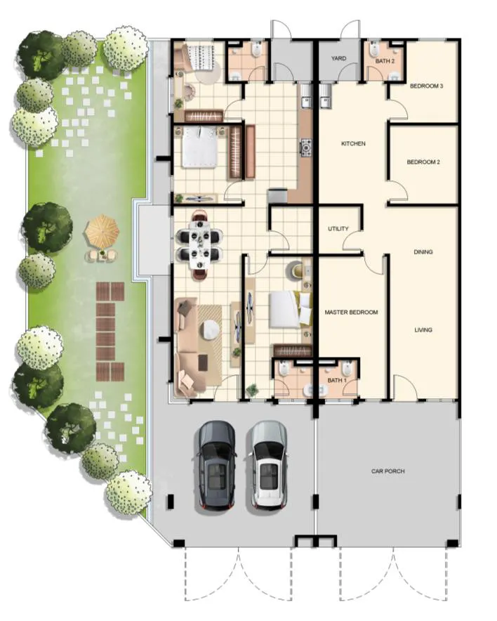 D'Aleena Type A floor plan — 1,001 sq ft single-storey terrace, three bedrooms, two bathrooms, Tasek Gelugor, Penang
