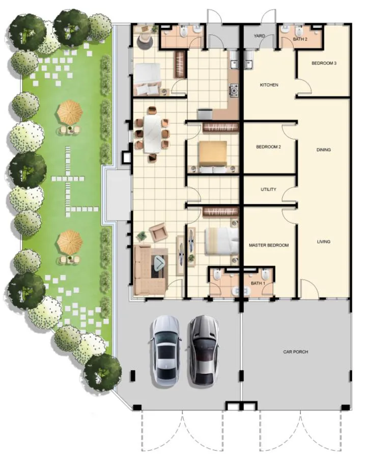 D'Aleena Type B floor plan — 998 sq ft single-storey terrace with open kitchen and dining, Tasek Gelugor, Penang