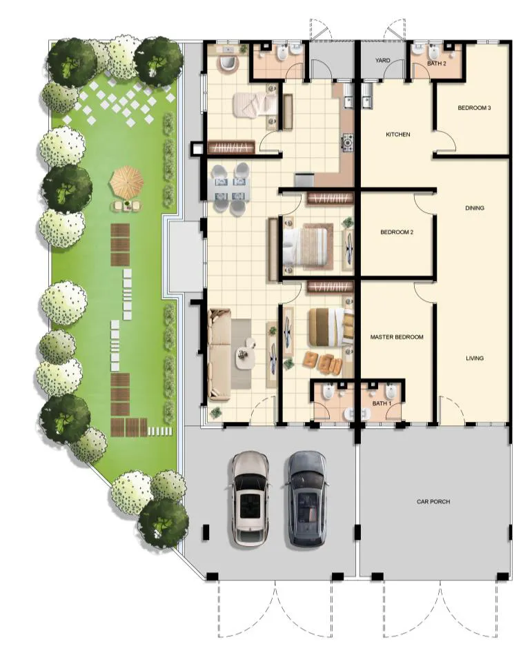 D'Aleena Type C floor plan — 1,002 sq ft single-storey terrace with central bedrooms, Tasek Gelugor, Penang