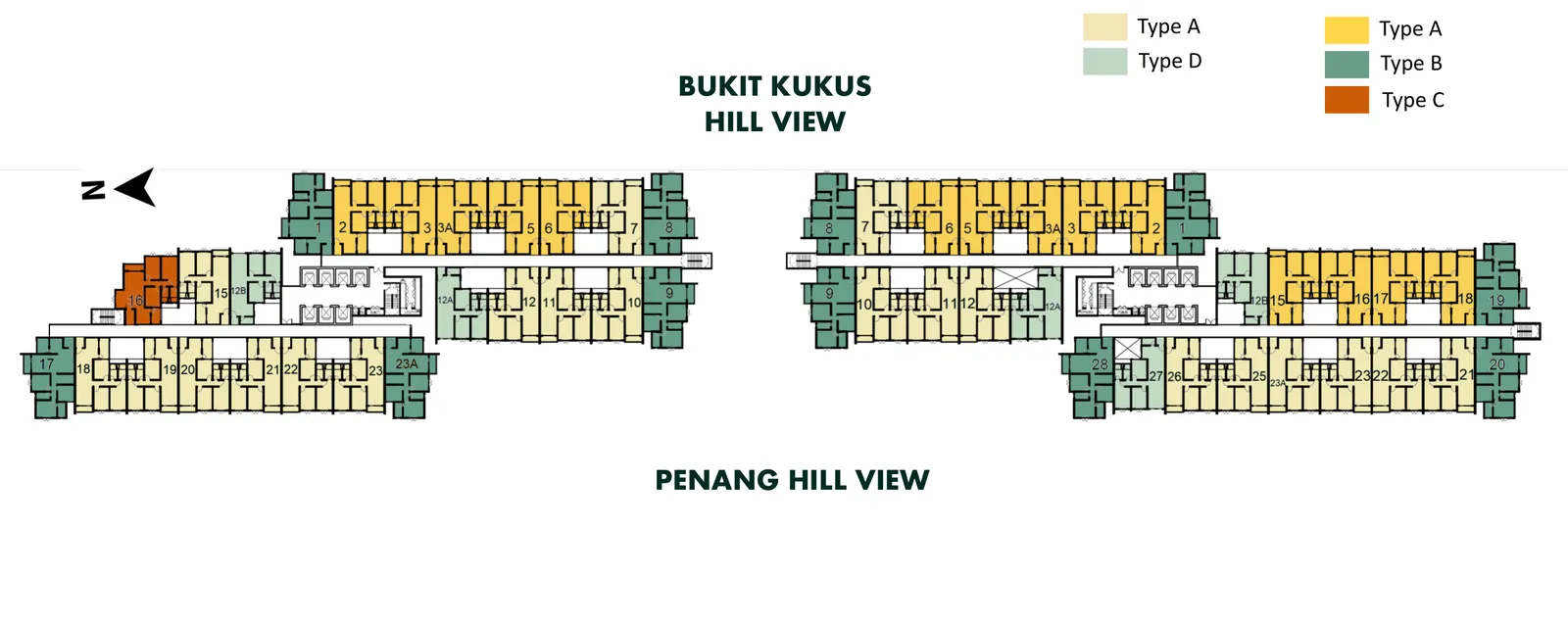 D'Hazelton A、B 座标准层平面图，标示 Bukit Kukus 山景面与升旗山景面