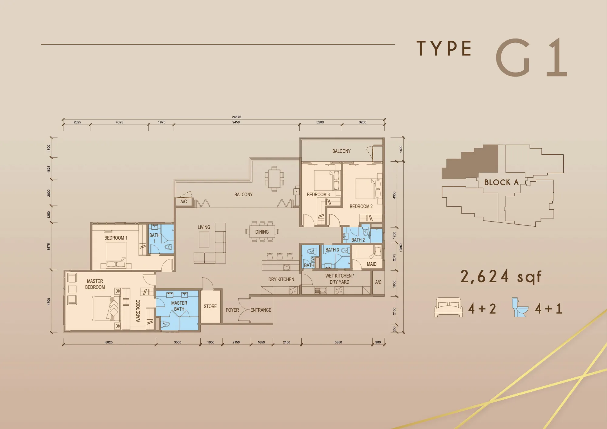 Tower A penthouse Type G1 floor plan 2,624 sq ft at Grand Meridian, Kepayan, Kota Kinabalu, Sabah