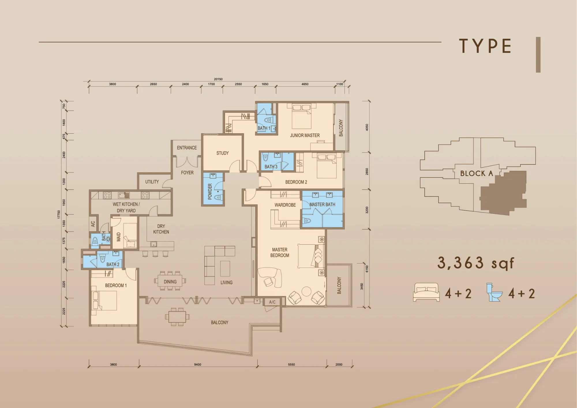 Tower A penthouse Type I floor plan 3,363 sq ft at Grand Meridian, Kepayan, Kota Kinabalu, Sabah