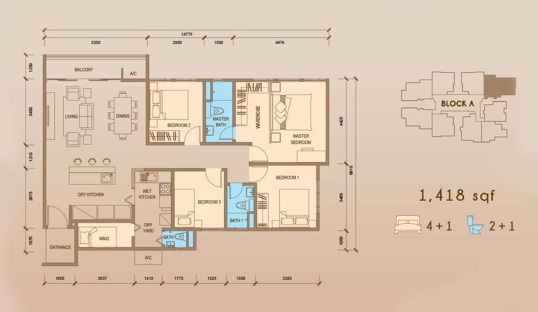 Tower A Type A1 floor plan at Grand Meridian, Kepayan, Kota Kinabalu, Sabah