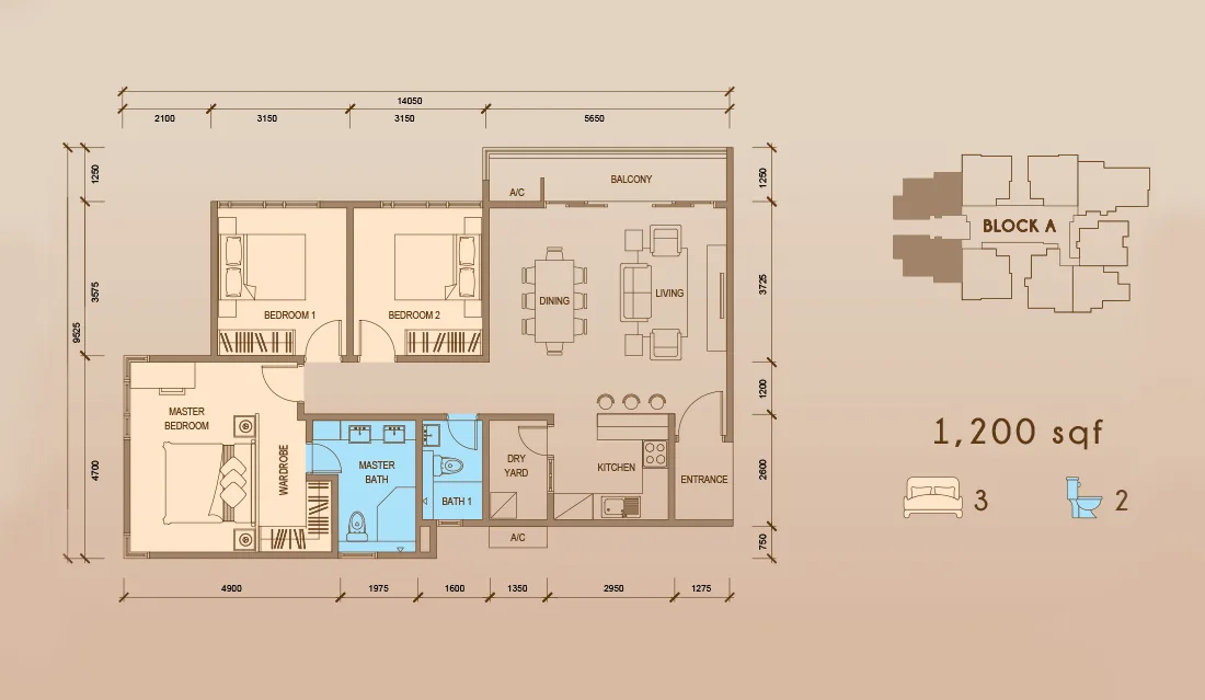 Tower A Type B1 floor plan at Grand Meridian, Kepayan, Kota Kinabalu, Sabah