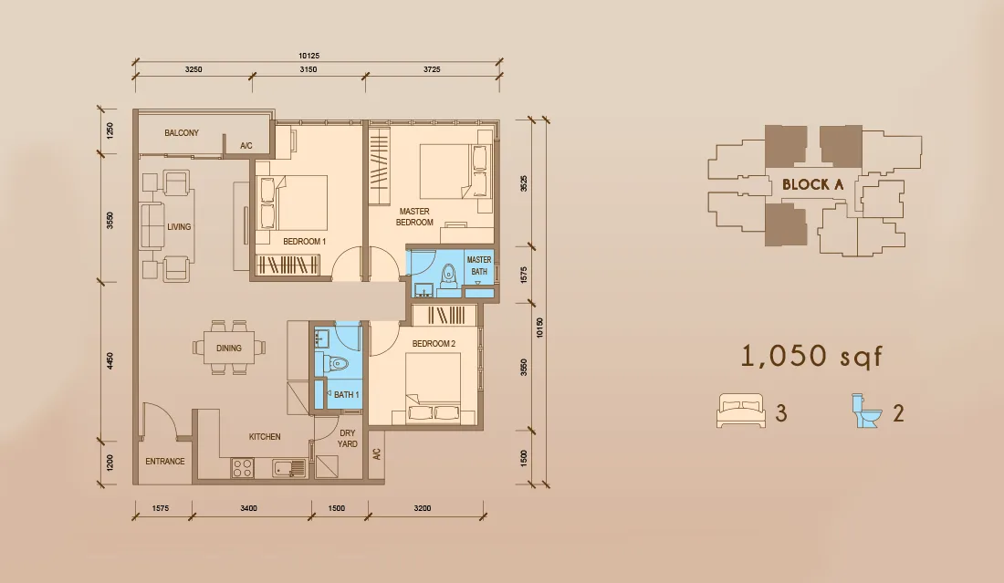 Tower A Type C1 floor plan at Grand Meridian, Kepayan, Kota Kinabalu, Sabah
