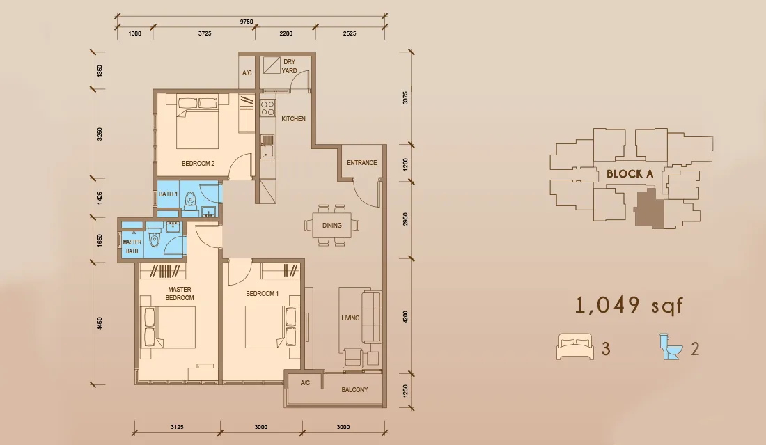 Tower A Type C2 floor plan at Grand Meridian, Kepayan, Kota Kinabalu, Sabah