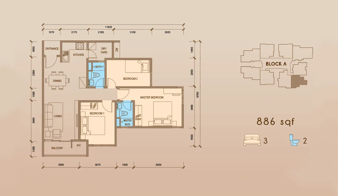 Tower A Type D1 floor plan at Grand Meridian, Kepayan, Kota Kinabalu, Sabah