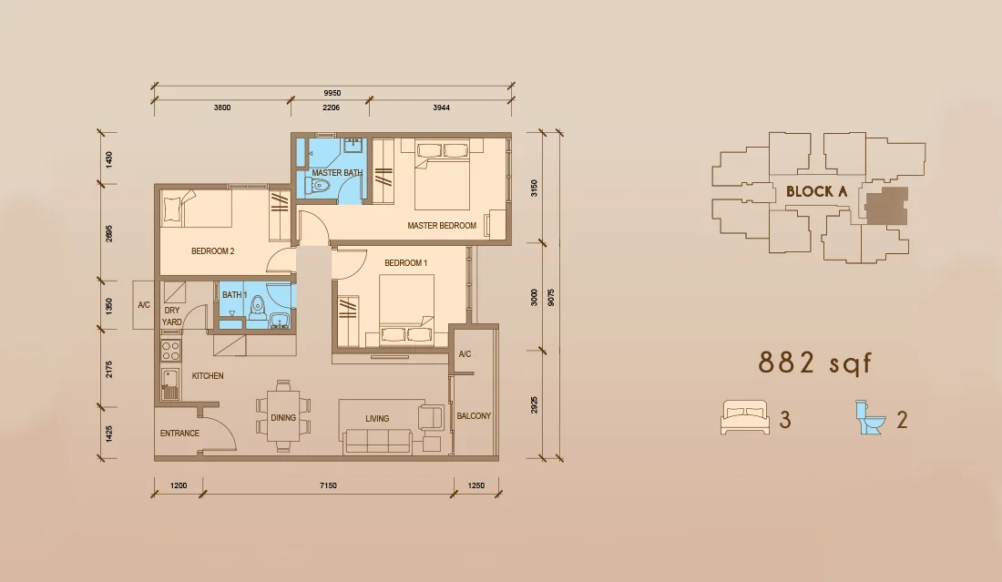 Tower A Type D2 floor plan at Grand Meridian, Kepayan, Kota Kinabalu, Sabah