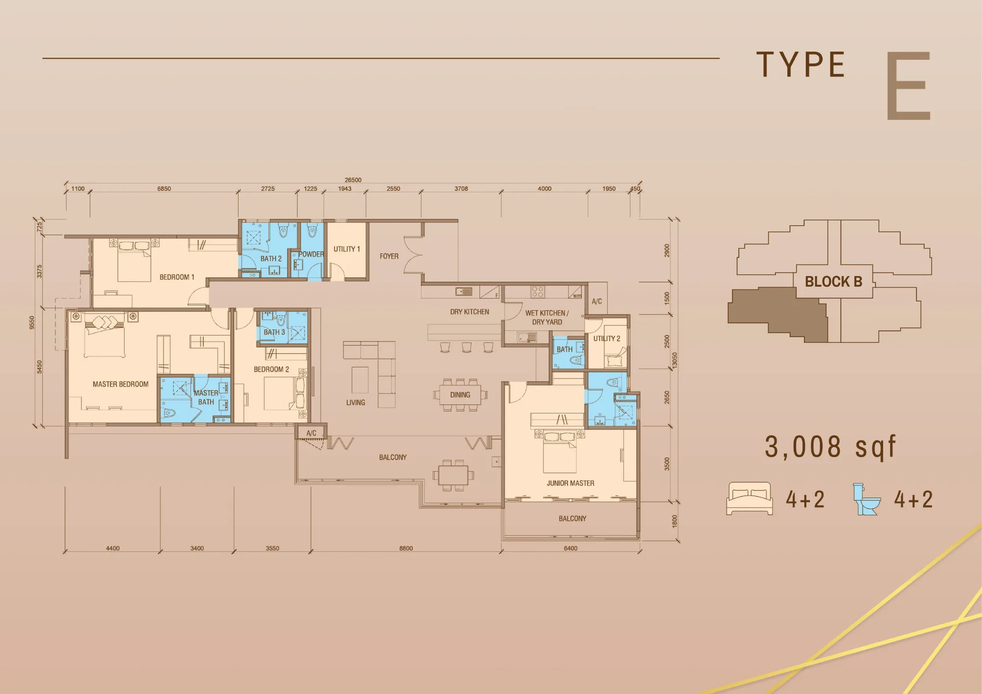 Tower B penthouse Type E floor plan 3,008 sq ft at Grand Meridian, Kepayan, Kota Kinabalu, Sabah