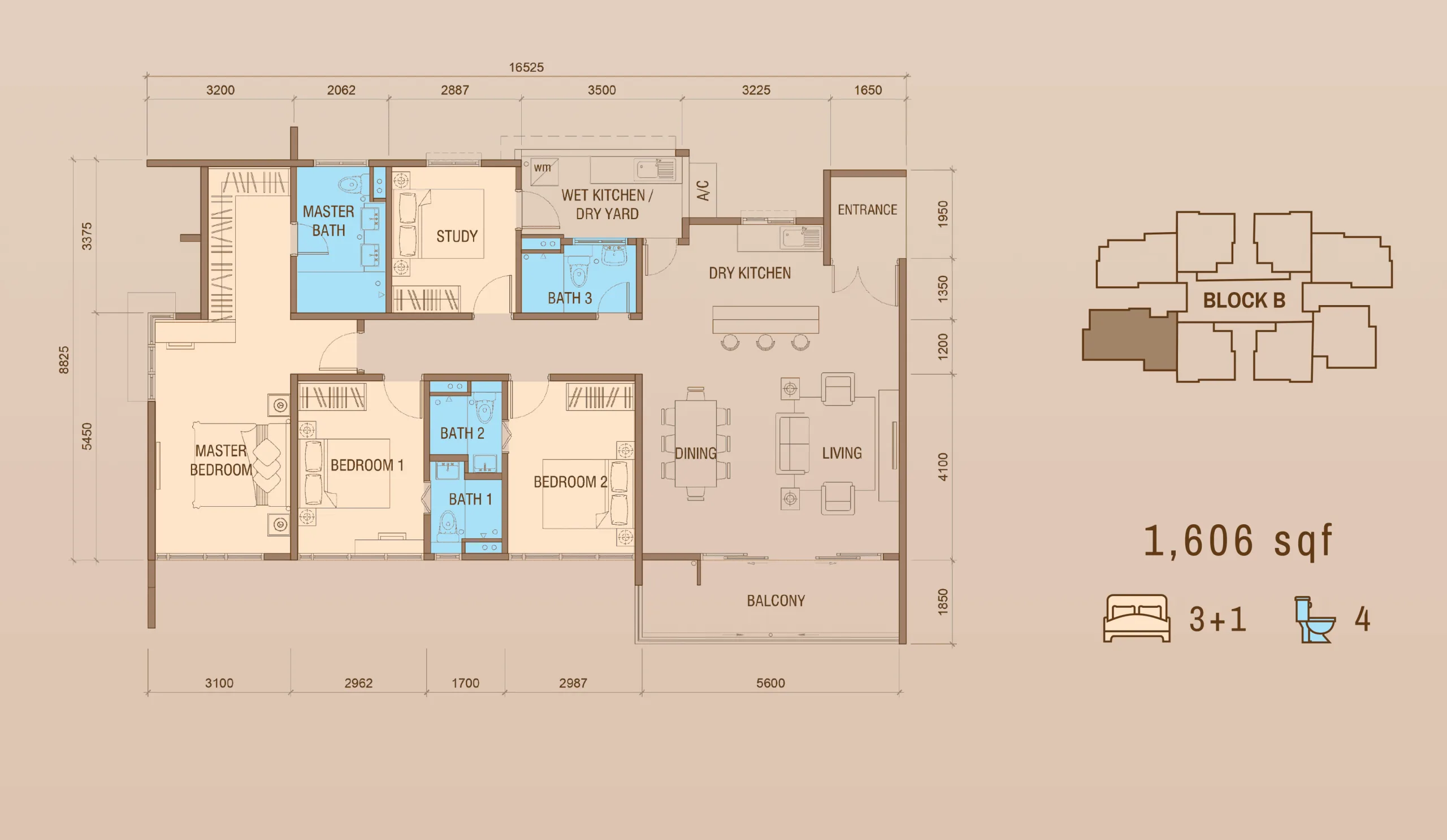 Tower B Type A2 floor plan 1,606 sq ft at Grand Meridian, Kepayan, Kota Kinabalu, Sabah