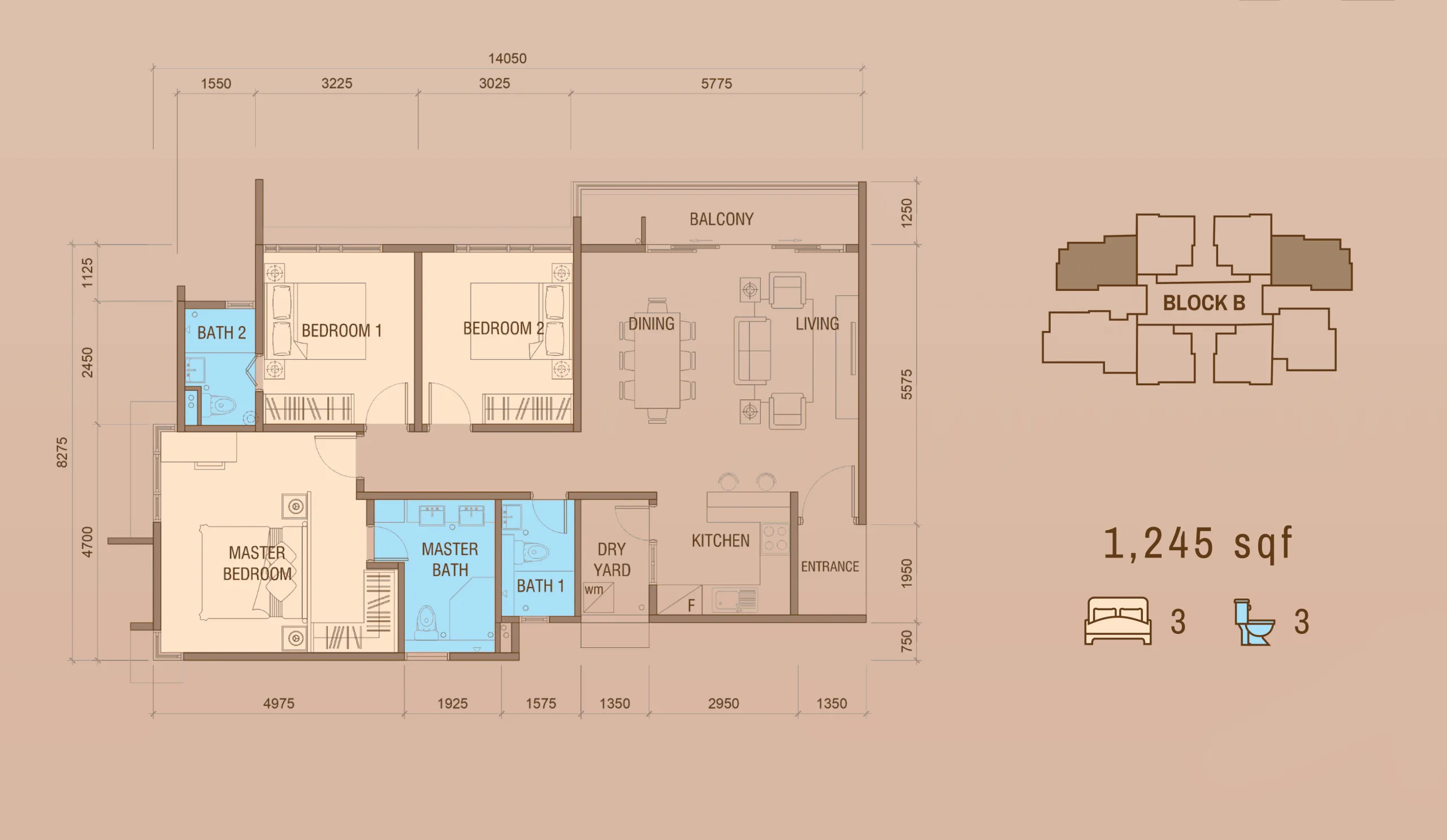 Tower B Type B2 floor plan 1,245 sq ft at Grand Meridian, Kepayan, Kota Kinabalu, Sabah