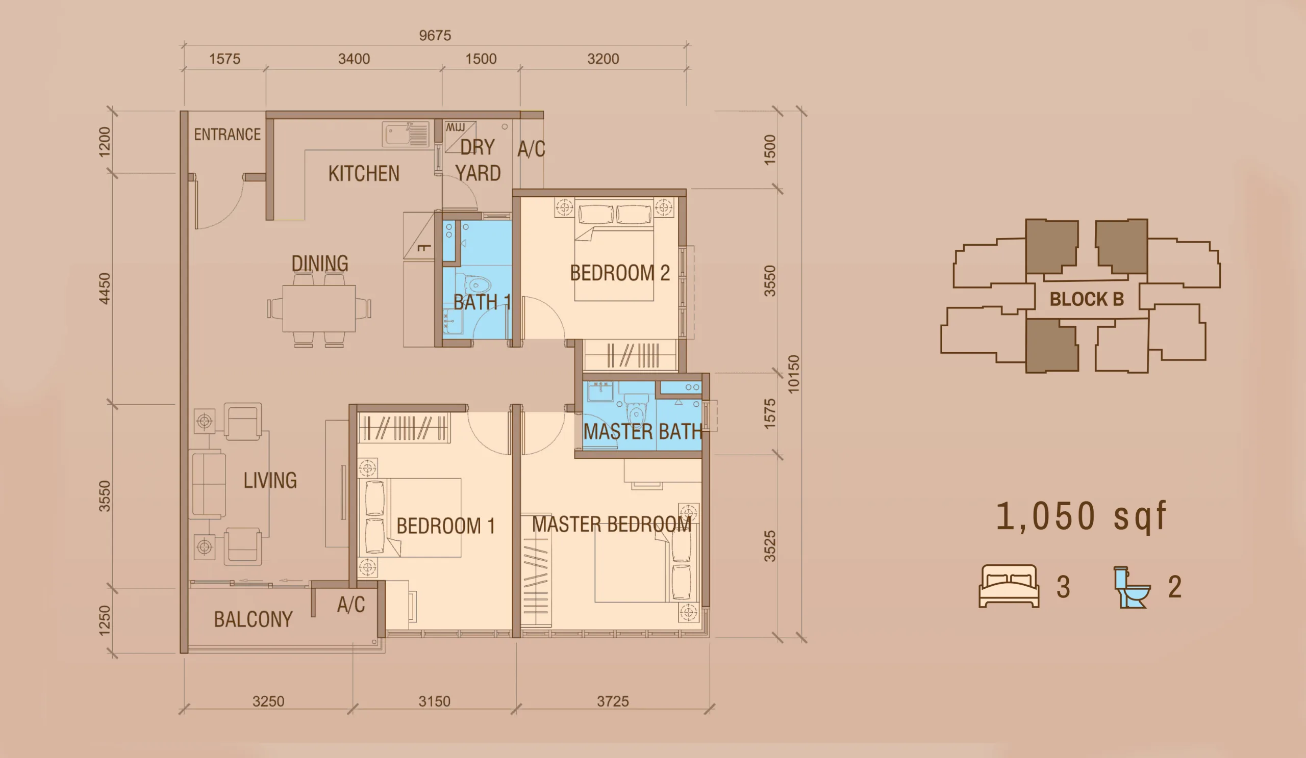 Tower B Type C1 floor plan 1,050 sq ft at Grand Meridian, Kepayan, Kota Kinabalu, Sabah