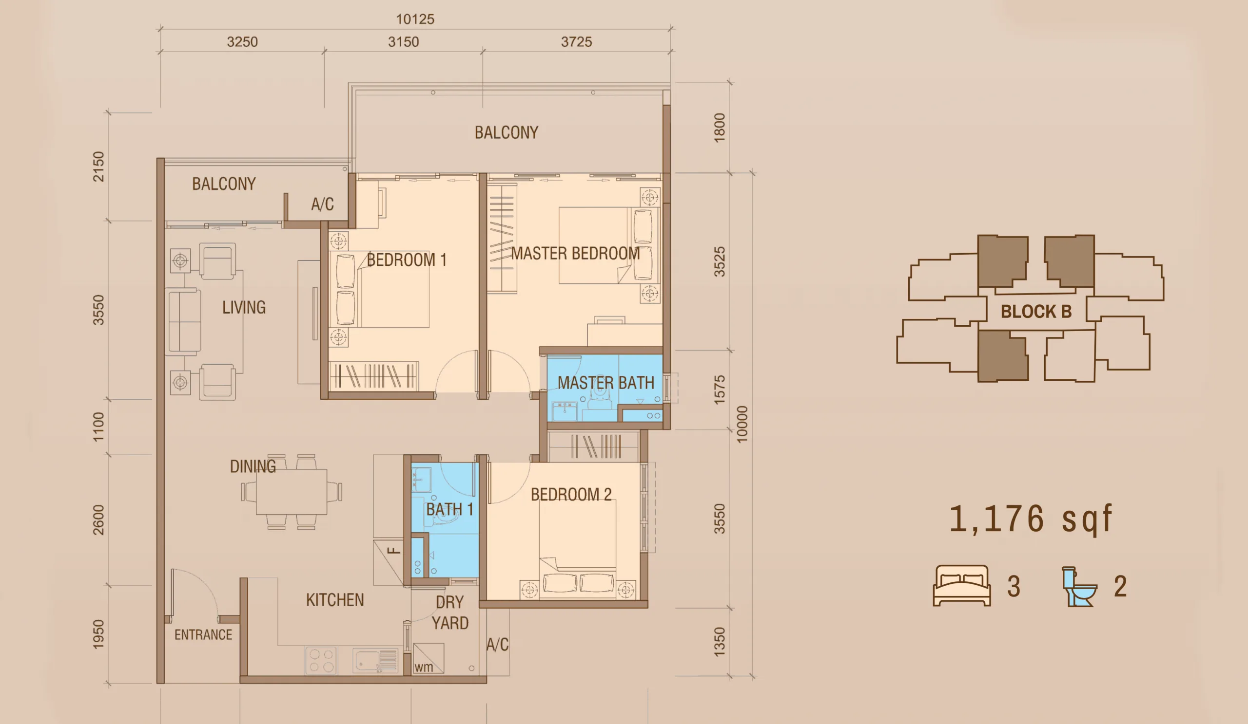 Tower B Type C1b floor plan 1,176 sq ft at Grand Meridian, Kepayan, Kota Kinabalu, Sabah