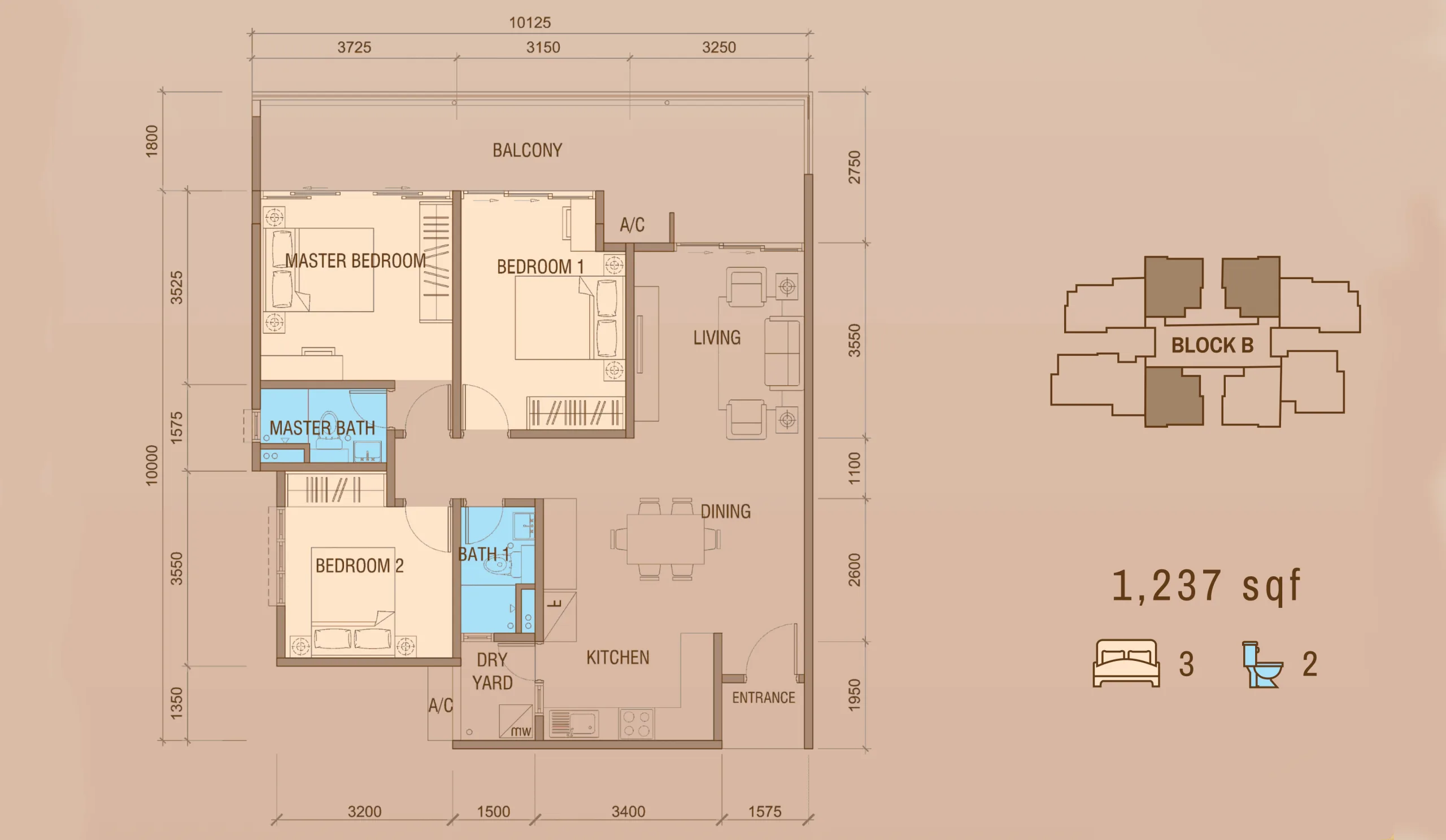 Tower B Type C1c floor plan 1,237 sq ft at Grand Meridian, Kepayan, Kota Kinabalu, Sabah