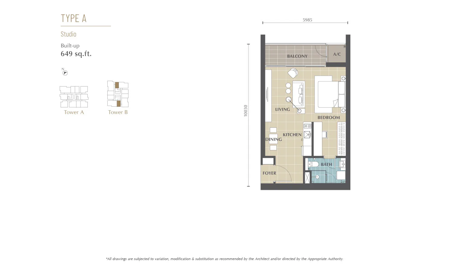 沙巴亚庇 Jalan Lintas Jesselton Twin Towers A 型单间平面图 649 平方尺