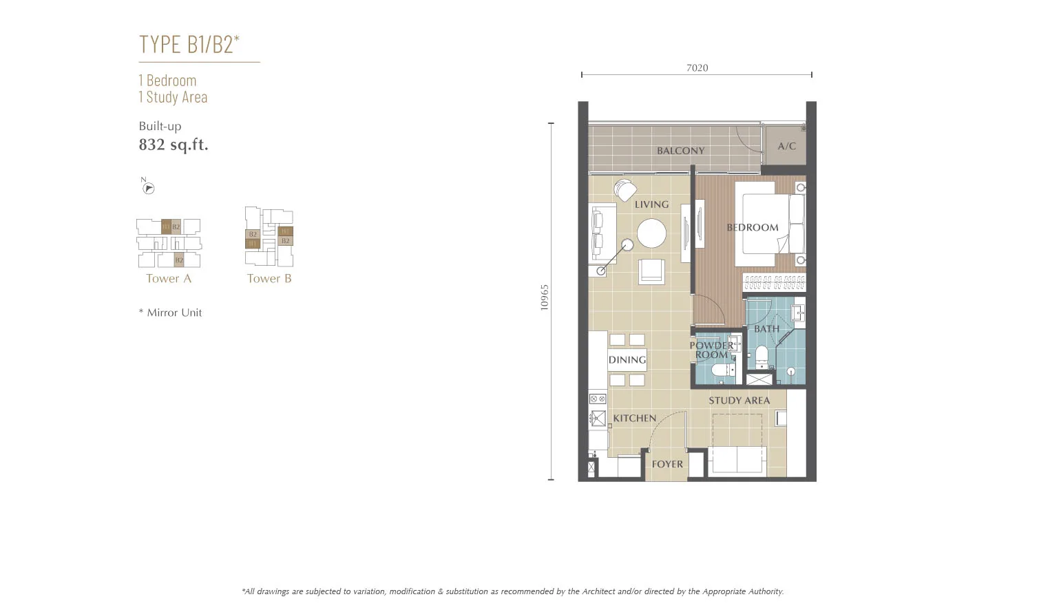 沙巴亚庇 Jalan Lintas Jesselton Twin Towers B1 B2 型平面图 832 平方尺 一房加书房