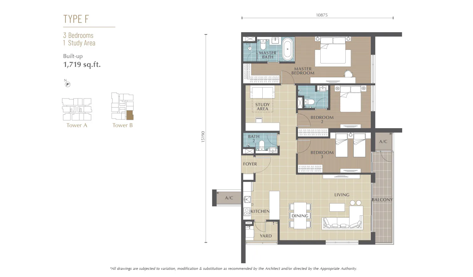 沙巴亚庇 Jalan Lintas Jesselton Twin Towers F 型平面图 1,719 平方尺 三房加书房