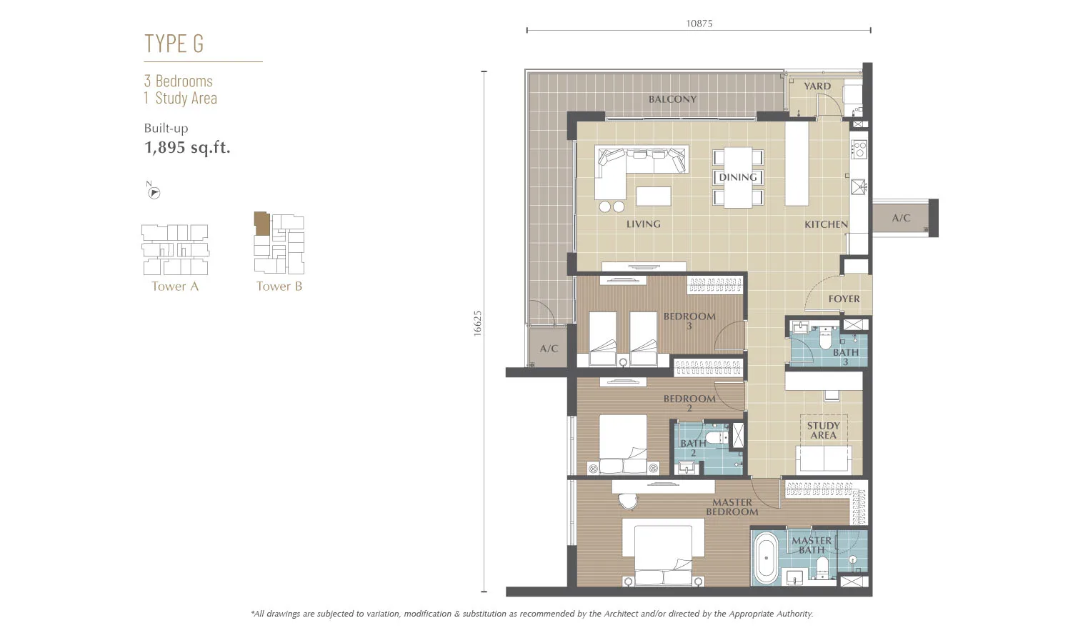 沙巴亚庇 Jalan Lintas Jesselton Twin Towers G 型平面图 1,895 平方尺 三房加书房