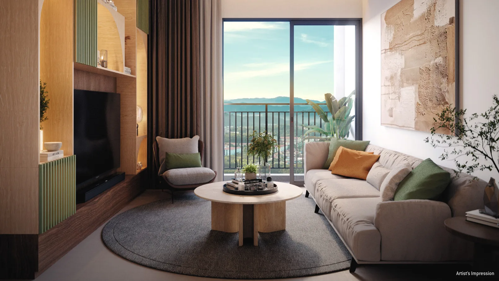 Type B kitchen and living area (artist’s impression) at Kayana Heights, Ayuria Place, Alamesra, Kota Kinabalu, Sabah