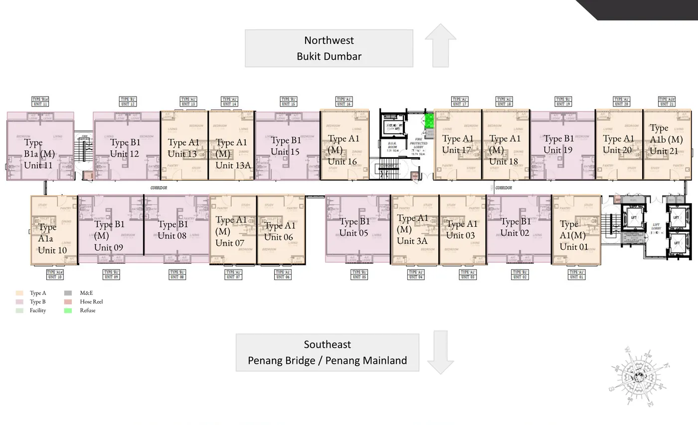 Keeperz Suites A 座 5–8 楼平面图,标示西北与东南朝向