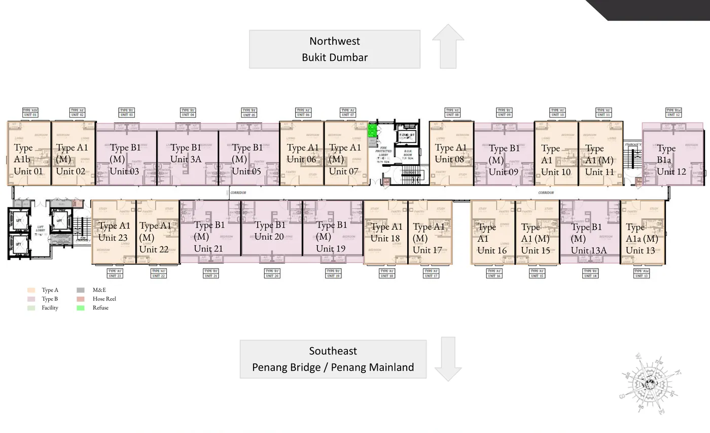 Keeperz Suites B 座 5–8 楼平面图,面向 Bukit Dumbar 与槟城大桥