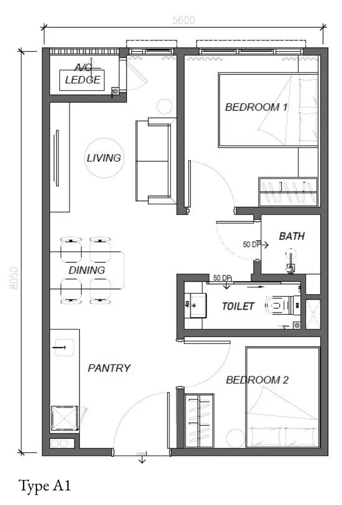Keeperz Suites A1 户型图——484 平方尺,两房,浴室与独立厕所分开,槟城牛汝莪