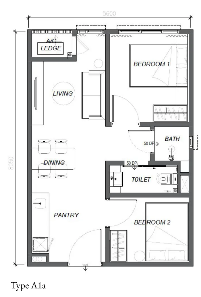 Keeperz Suites A1a 户型图——484 平方尺两房变体,槟城牛汝莪