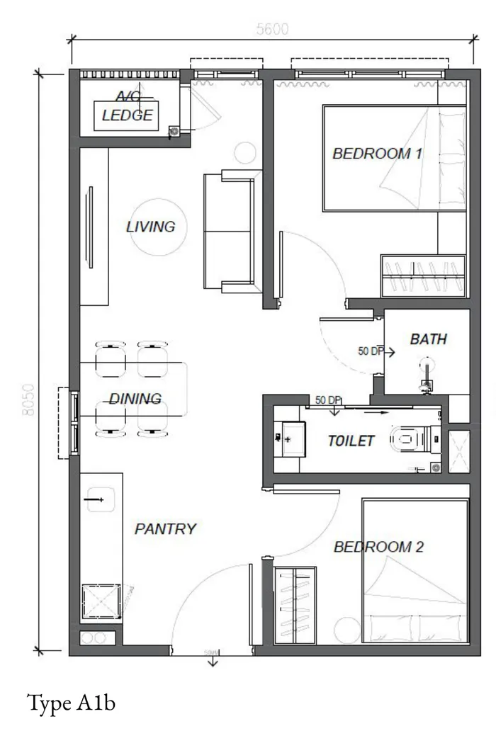 Keeperz Suites A1b 户型图——484 平方尺两房变体,餐厅侧有窗,槟城牛汝莪